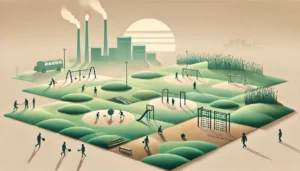 DALL·E 2025-03-22 18.57.06 - A serene, minimalist illustration depicting playgrounds and sports areas covered with grass or bark, situated near an industrial site symbolizing subt