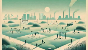 DALL·E 2025-03-22 19.16.57 - A serene, minimalist illustration depicting playgrounds and sports areas covered with grass or bark near an industrial site, with an emphasis on air q