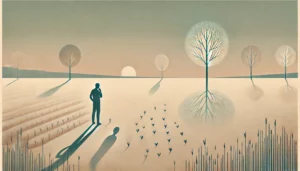 DALL·E 2025-03-23 01.27.20 - A serene, minimalist illustration symbolically representing the inadequacy of merely sowing grass as restoration in a garden once rich with three gene